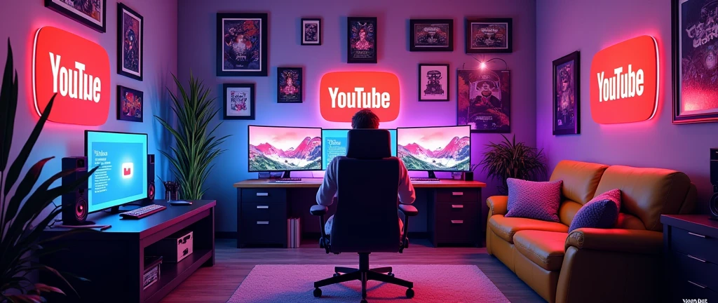 roblox theme gamer room, youtube subscribers celebration cover channel background, youtube logos popping all over the room,