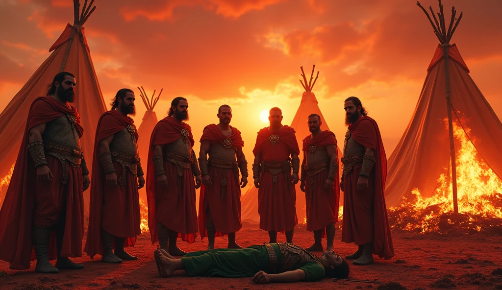 Sun set,
 bloody sky,
 burning tents,
 burning date trees,
 7 men which wear ancient war clothes in red colour who stand outside the tents,
 a bloody ground,
A green men wear war clothes in green colour was hungup on the arrows  his body was full of bloody arrows and he was martyred



All thing are ancient only