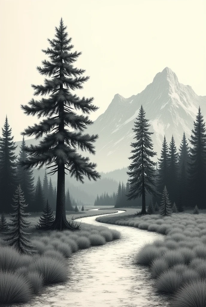 A landscape drawing using the bichrome technique, In the landscape you can see a path with 3 pine trees and a mountain behind it