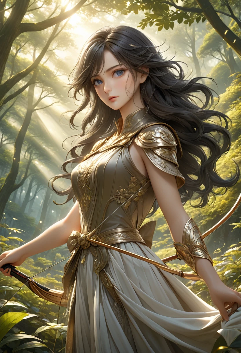 Beautiful female archer, holding a bow, Delicate face, beautiful eyes, Detailed facial features, Flowing long hair, Elegant Posture, Fantasy Landscape, Dense forest, Sunlight through the trees, Soft tones, Dramatic Lighting, Film composition, number, Extremely detailed, (best quality,4K,8K,high resolution,masterpiece:1.2),Extremely detailed,(Practical,photoPractical,photo-Practical:1.37)