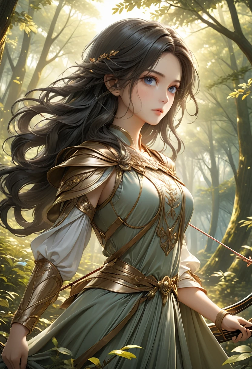 Beautiful female archer, holding a bow, Delicate face, beautiful eyes, Detailed facial features, Flowing long hair, Elegant Posture, Fantasy Landscape, Dense forest, Sunlight through the trees, Soft tones, Dramatic Lighting, Film composition, number, Extremely detailed, (best quality,4K,8K,high resolution,masterpiece:1.2),Extremely detailed,(Practical,photoPractical,photo-Practical:1.37)