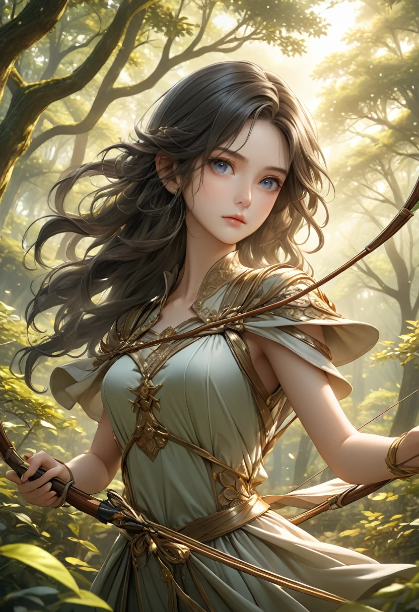 Beautiful female archer, holding a bow, Delicate face, beautiful eyes, Detailed facial features, Flowing long hair, Elegant Posture, Fantasy Landscape, Dense forest, Sunlight through the trees, Soft tones, Dramatic Lighting, Film composition, number, Extremely detailed, (best quality,4K,8K,high resolution,masterpiece:1.2),Extremely detailed,(Practical,photoPractical,photo-Practical:1.37)