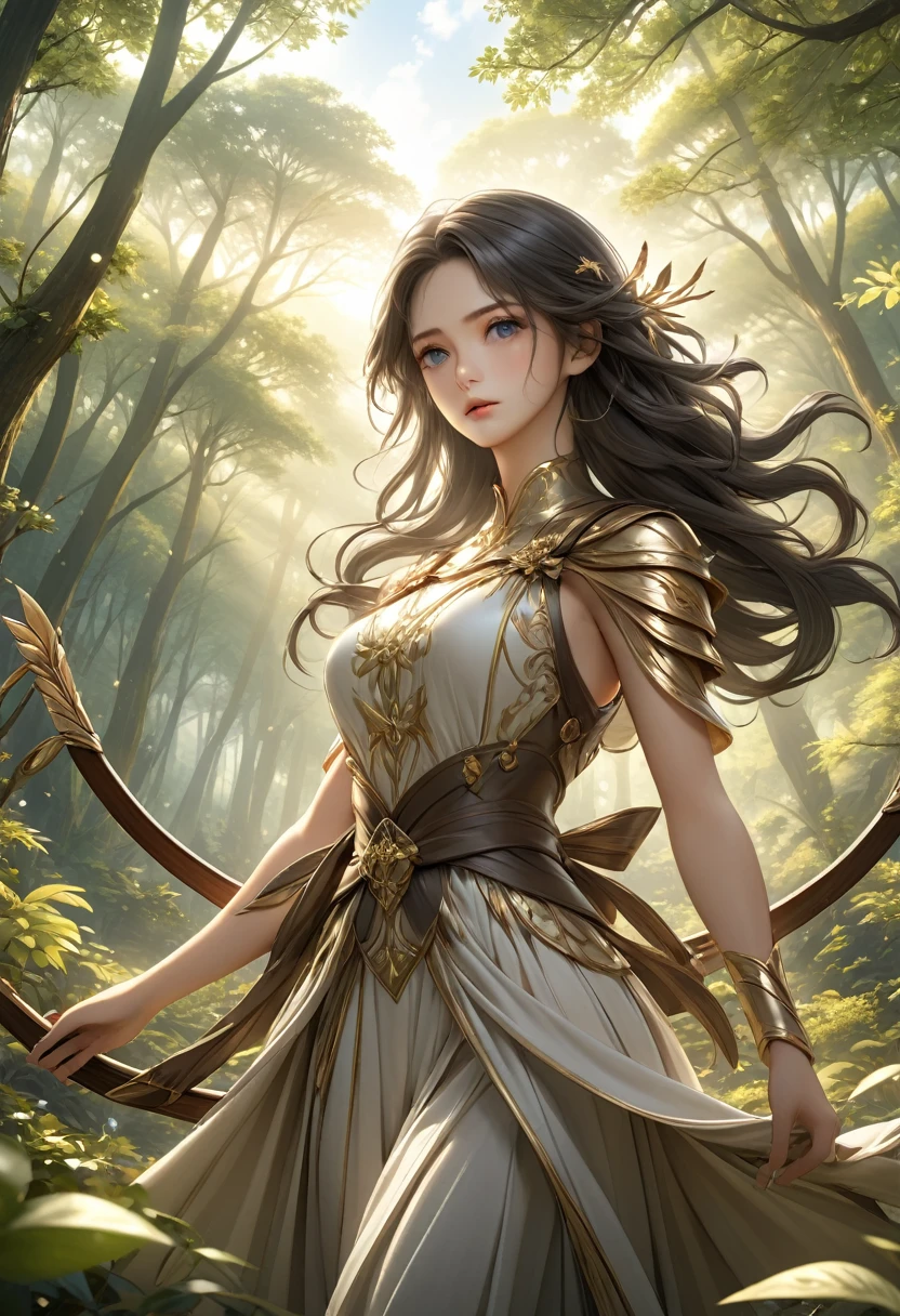 Beautiful female archer, holding a bow, Delicate face, beautiful eyes, Detailed facial features, Flowing long hair, Elegant Posture, Fantasy Landscape, Dense forest, Sunlight through the trees, Soft tones, Dramatic Lighting, Film composition, number, Extremely detailed, (best quality,4K,8K,high resolution,masterpiece:1.2),Extremely detailed,(Practical,photoPractical,photo-Practical:1.37)