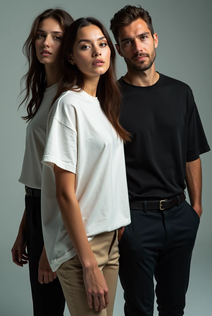 give me a picture of 2 or 3 models in one picture with wearing oversize t-shirt and wearning formals paint and photoshoot in studio