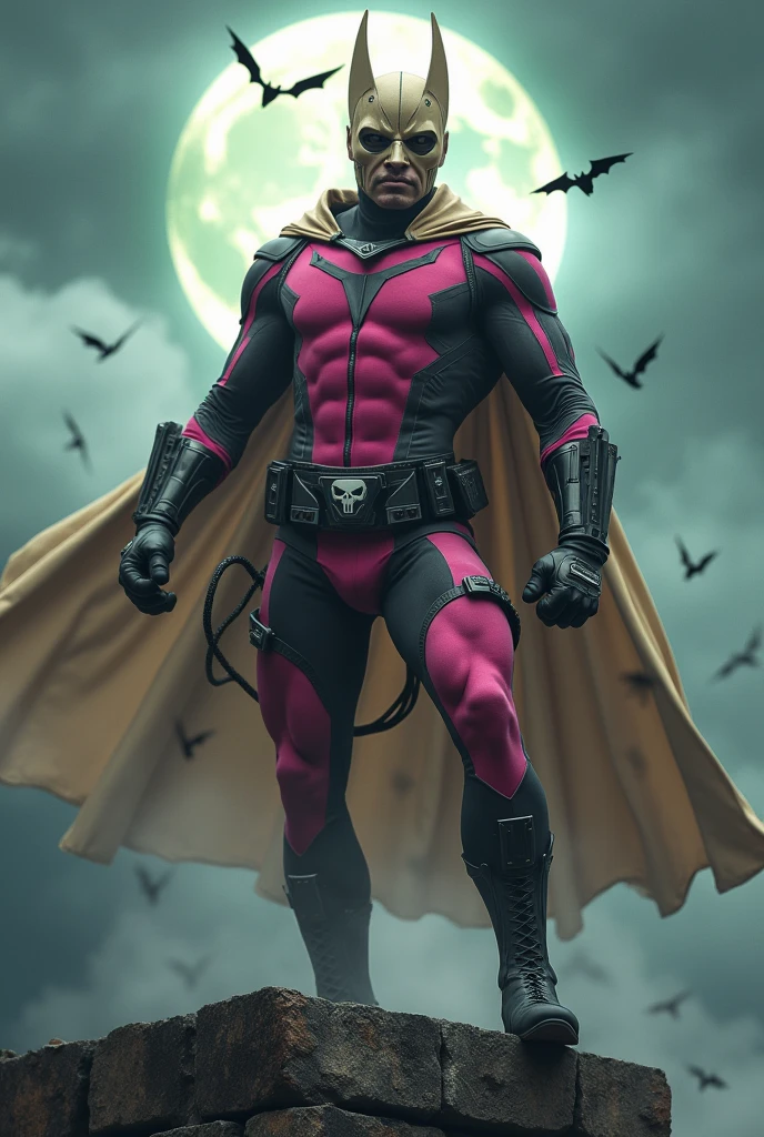 Malaysia man in high-tech suit, vivid effects, malaysian superhero (KELUANG MAN) in a striking pink and beige costume cyberpunk design, mask small mini bat ear beige, daredevil beige mask, jumpsuit dark pink stands confidently in a dramatic.jumping from high place.hero costume.one hand rise up. Big triangle logo on the chest.high detail Punisher logo on the chest. Fighting pose , stormy landscape. ((Head covered node guard like batman. Running pose , athletic body type, small mini ear bat mask))The character wears domino mask a helmet with pointed mini torn ears and a flowing cape biege, open nose and mouth. Equipped with visible futuristic weapons on a belt,bullet proof jacket pink dark day.show fingers pose, dark night, big supermoon effect . Small logo on chest triangle shape small punisher logo center(( skull triangle Casey Jones mask shape logo)) center on chest pink logo mini logo . rocky. Building top.smoke ground , bomb effect background, losse pants, losses costume.adding to --ar 3:4 --style raw --stylize 500 --v 6.1. chaos. Lot of small flying bat. One leg on the high stone. Man . Real man age 40 year old. One hand holding belt.one hand holding black rope hanging on building. Big pant pink. Beige cape joodie