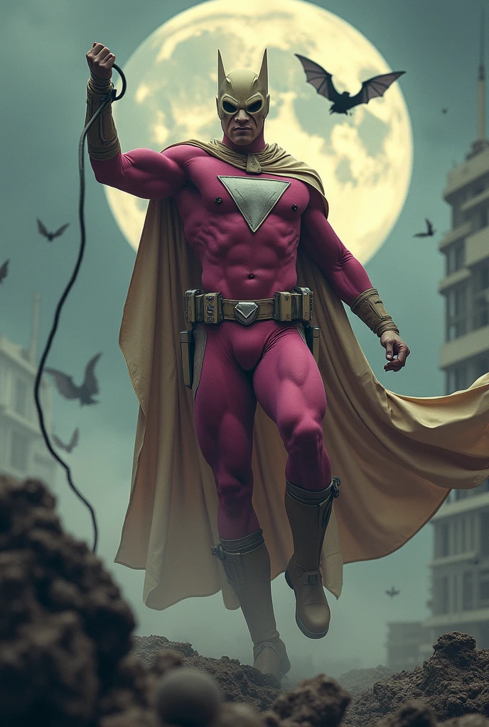 Malaysia man in high-tech suit, vivid effects, malaysian superhero (KELUANG MAN) in a striking pink and beige costume cyberpunk design, mask small mini bat ear beige, daredevil beige mask, jumpsuit dark pink stands confidently in a dramatic.jumping from high place.hero costume.one hand rise up. Big triangle logo on the chest.high detail Punisher logo on the chest. Fighting pose , stormy landscape. ((Head covered node guard like batman. Running pose , athletic body type, small mini ear bat mask))The character wears domino mask a helmet with pointed mini torn ears and a flowing cape biege, open nose and mouth. Equipped with visible futuristic weapons on a belt,bullet proof jacket pink dark day.show fingers pose, dark night, big supermoon effect . Small logo on chest triangle shape small punisher logo center(( skull triangle Casey Jones mask shape logo)) center on chest pink logo mini logo . rocky. Building top.smoke ground , bomb effect background, losse pants, losses costume.adding to --ar 3:4 --style raw --stylize 500 --v 6.1. chaos. Lot of small flying bat. One leg on the high stone. Man . Real man age 40 year old. One hand holding belt.one hand holding black rope hanging on building. Big pant pink. Beige cape joodie