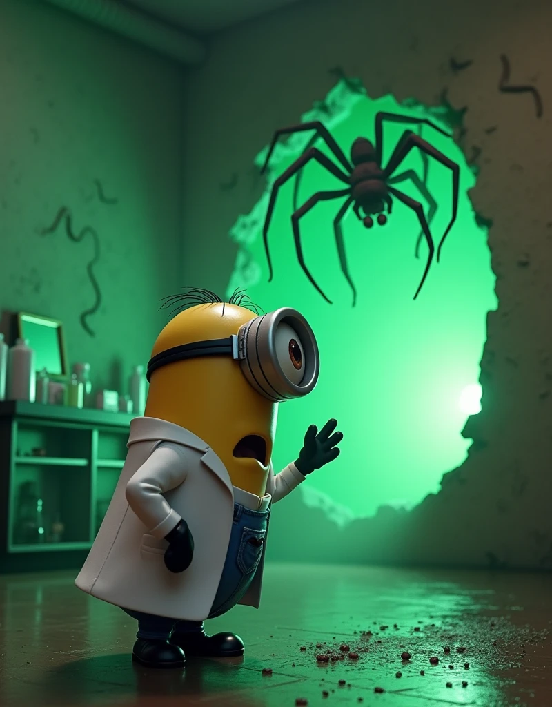 Minion A corner of the lab with a green glowing space crack that just appeared, smaller but similar in city. A giant but smaller spider is crawling out of the crack in front of Minion Kevin . Minion Kevin in scientist suit turns around with a look of horror, hand still holding a laboratory instrument.