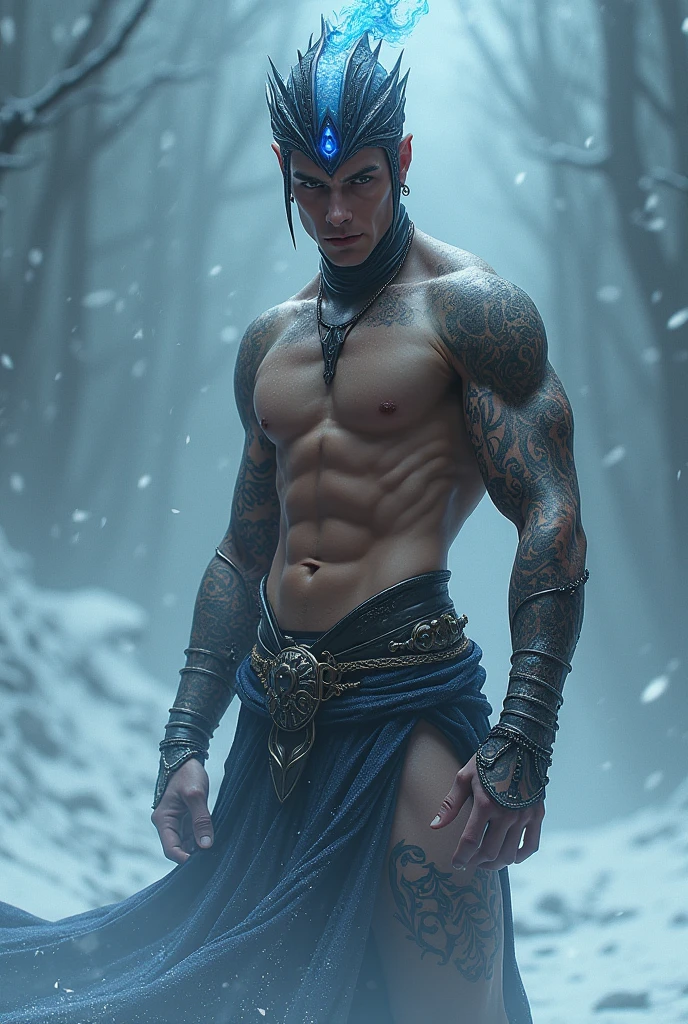 Sexy thin muscular wizard with big crotch bulge in the cold snow storm, muscular wizard in the cold snow. Men in sexy magical underwear. Sexy wizard male. Wizard with a big dark powers. Hairless handsome man fighting in the snow. Wizard with shiny tattoos in his arms and a roman's helmet. Sexy slim white transparent underwear.