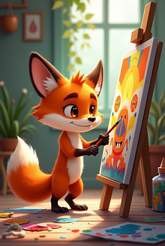 A male young fox with brown eyes paints a picture