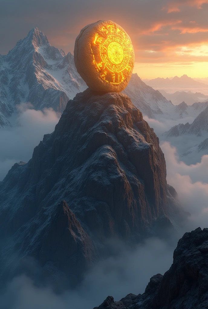 A magic stone on top of a mountain, shining brightly. The stone has an irregular shape, with ancient runes, emitting a faint golden glow. The surrounding mountain is steep and rocky, with snow-capped peaks in the background. The sky is at dusk, with golden and orange clouds, and there is a light mist surrounding the base of the mountain, giving an air of mystery to the scene.