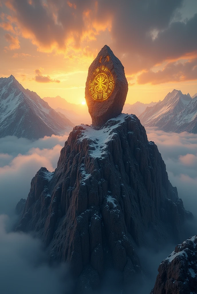 A magic stone on top of a mountain, shining brightly. The stone has an irregular shape, with ancient runes, emitting a faint golden glow. The surrounding mountain is steep and rocky, with snow-capped peaks in the background. The sky is at dusk, with golden and orange clouds, and there is a light mist surrounding the base of the mountain, giving an air of mystery to the scene.