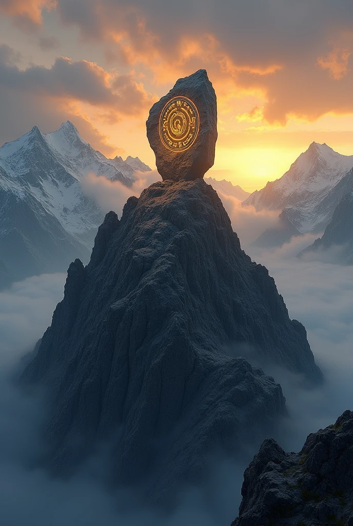 A magic stone on top of a mountain, shining brightly. The stone has an irregular shape, with ancient runes, emitting a faint golden glow. The surrounding mountain is steep and rocky, with snow-capped peaks in the background. The sky is at dusk, with golden and orange clouds, and there is a light mist surrounding the base of the mountain, giving an air of mystery to the scene.