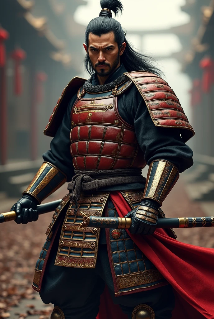 samurai warrior, ((masterpiece, highest quality, Highest image quality, High resolution, Raw photo, 8K)), ((Extremely detailed CG unified 8k wallpaper)), (huge stunning warrior shot, full body, musclural body beauty:1.4), black hair, black hair, nervous, Posing for the camera, In a warrior fighting stance, resplendent suit of armor, with a fierce, determined expression, and a war fan in hand.
Pose: Standing tall with the war fan pointed forward, representing his innovative leadership., photorealistic, 16k, 8k, 4K, award winning