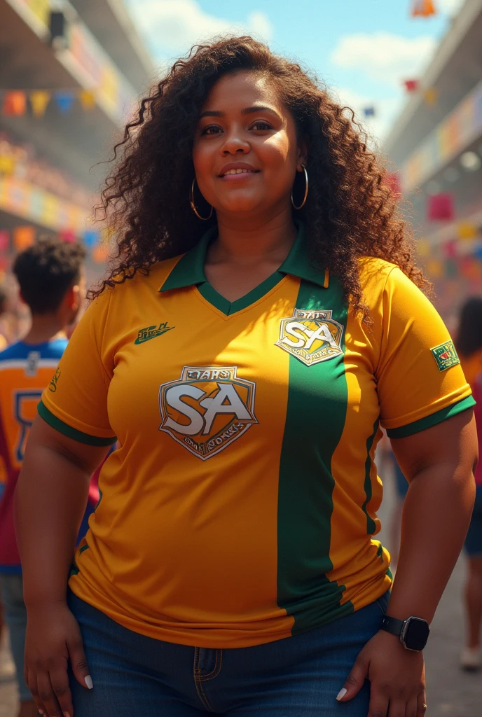 fat woman with Corinthians shirt saying "sa" 