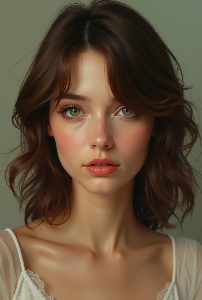 a woman with medium hair and green eyes