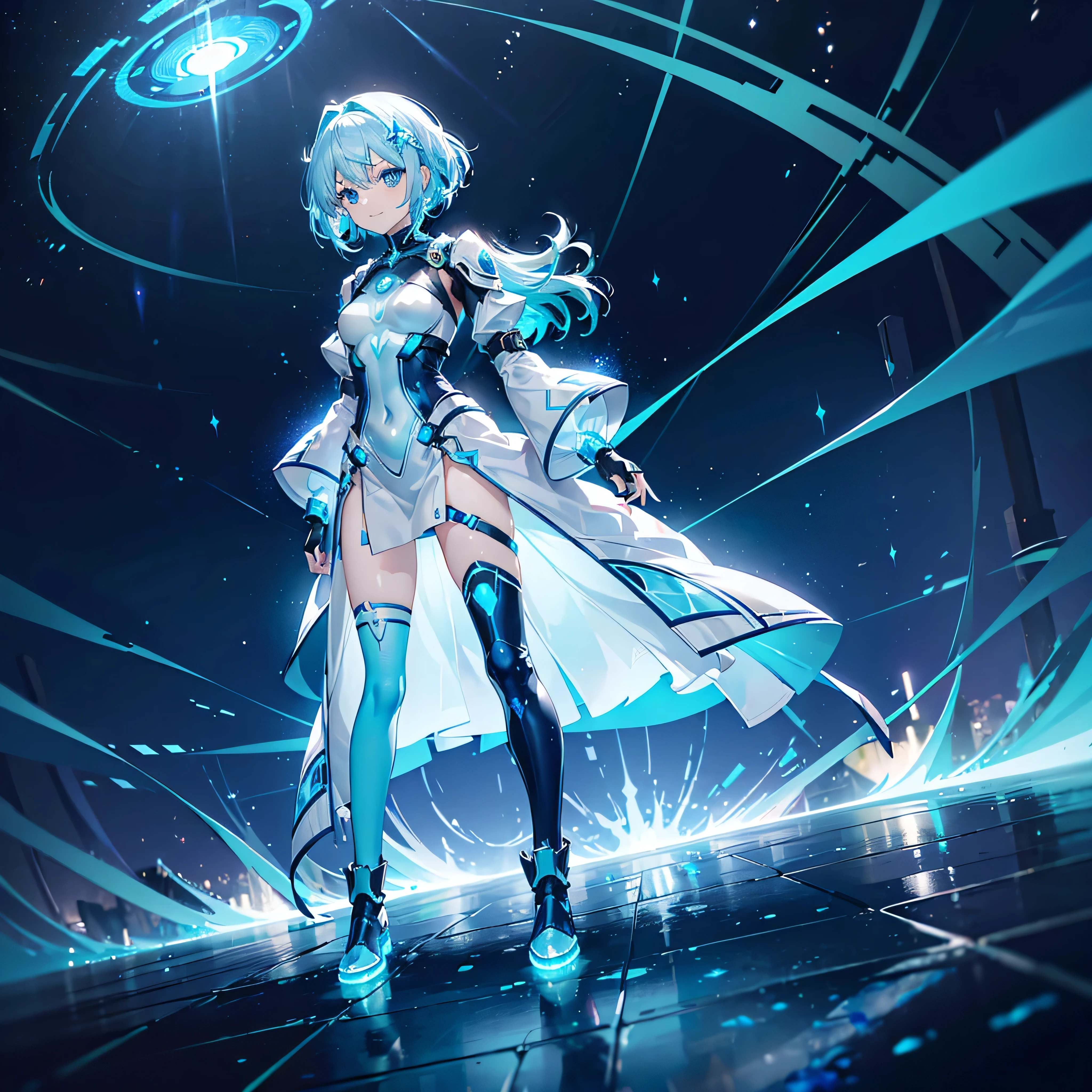 ((Holographic glow effect)),8k, Highest quality, (real:1.4), Original photo, 1 person, Asari Hair, Biological Amplifier, Very sleek and futuristic armor, posture: Peace talks between warring factions,,attention arousal, smart blue eyes,A modest smile,Knee-high boots,Patent-look blue tights,Blue big moon and blue light swirl in the background,Blue light from behind,blue light magic,A small, glowing blue ball in the palm of your hand,Blue flame swirl,Blue Comet,Polished floor,