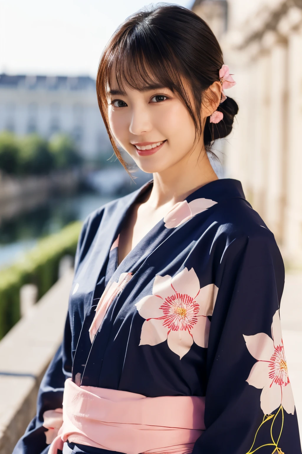 1 person, (Wearing a cute pink yukata.:1.2), Very beautiful Japanese idol portraits, (Young Face),
(RAW Photos, Highest quality), (Realistic, Realistic:1.4), (masterpiece), 
Very delicate and beautiful, Very detailed, 2k wallpaper, wonderful, finely, Very detailed CG Unity 8k 壁紙, Very detailed, High resolution, Soft Light, 
Beautiful details, Very detailed目と顔, Beautiful and sophisticated nose, Beautiful and beautiful eyes, Cinema Lighting, 
(Commemorative photo at the Loire Castle:1.3), 
(Japanese hairstyle), (Tie your hair at the back:1.3), (bangs), (hairpin), 
Complete Anatomy, Slender body, Small breasts, smile