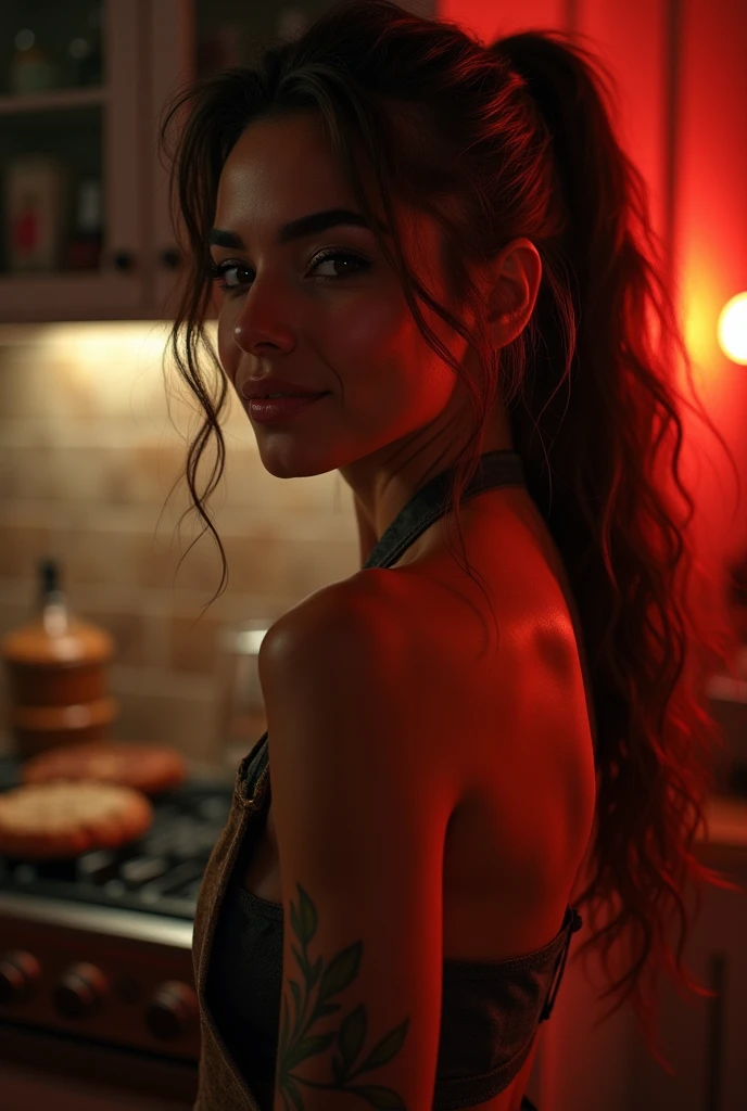 The most beautiful (arabic girl) who is active as chefs 、((On the kitchen))、with shiny brown hair、poneyTail、((almost naked apron))、Very enchanting.。erotic smile。her fashion and expressions、A perfect balance between cuteness and elegance、It draws the viewer in and doesnt let go.。Through this scene、Express her charm to the fullest。perfect shaped small breast, 8 k lighting, night sky, red sunset 4k extremely photorealistic, uhd 4k highly detailed, ((realistthereal lighting, ultra-high res.photorealistic:.1.4, (high detailed skin:1.2), 8k uhd, dslr, high quality, film grain, Fujifilm XT3,(masterpiece) (best quality) (detailed) (cinematic lighting) (sharp focus) (intricate), ((side boob view)), (point of view), (pov), (messy hair)