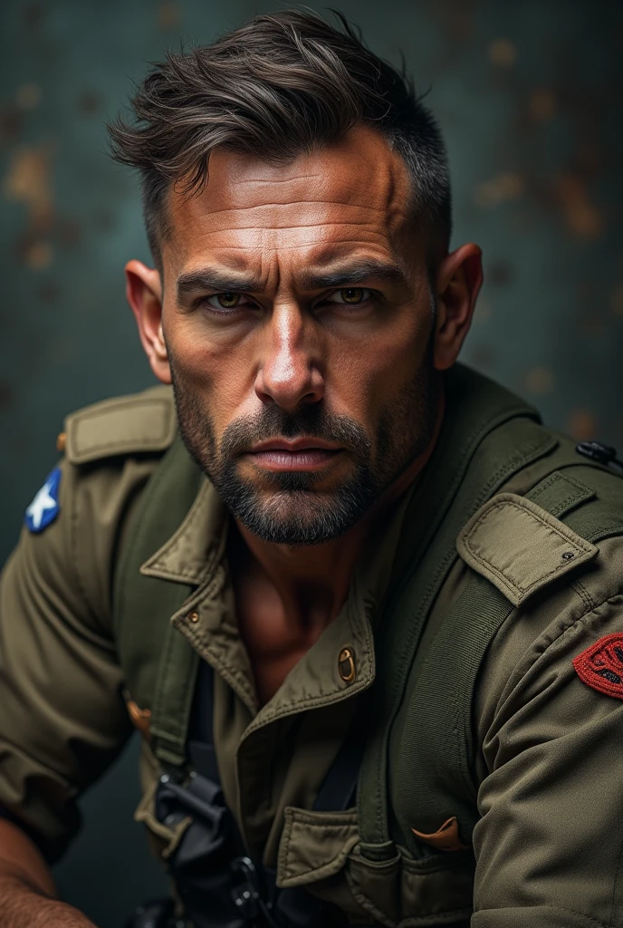 realist:1.3,( fotorrealist, 8k, RAW Photos, Premium quality, masterpiece, epic lighting. close up, Centered image), (foreground),((1 handsome and muscular man, US military uniform, with military clothing, Perfectly detailed face and body, (foreground), for the cover of Heavy Metal magazine, dynamic pose, beautiful and detailed hair, Leather Clothes))