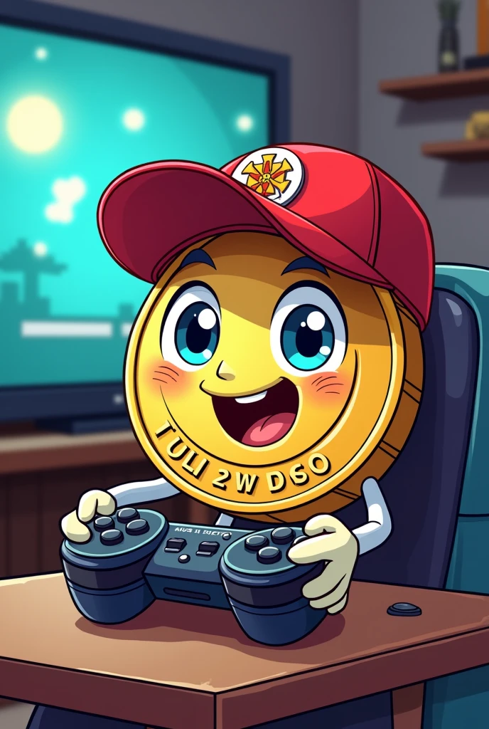 Make a cartoon of a two peso Mexican coin with a red cap playing video games