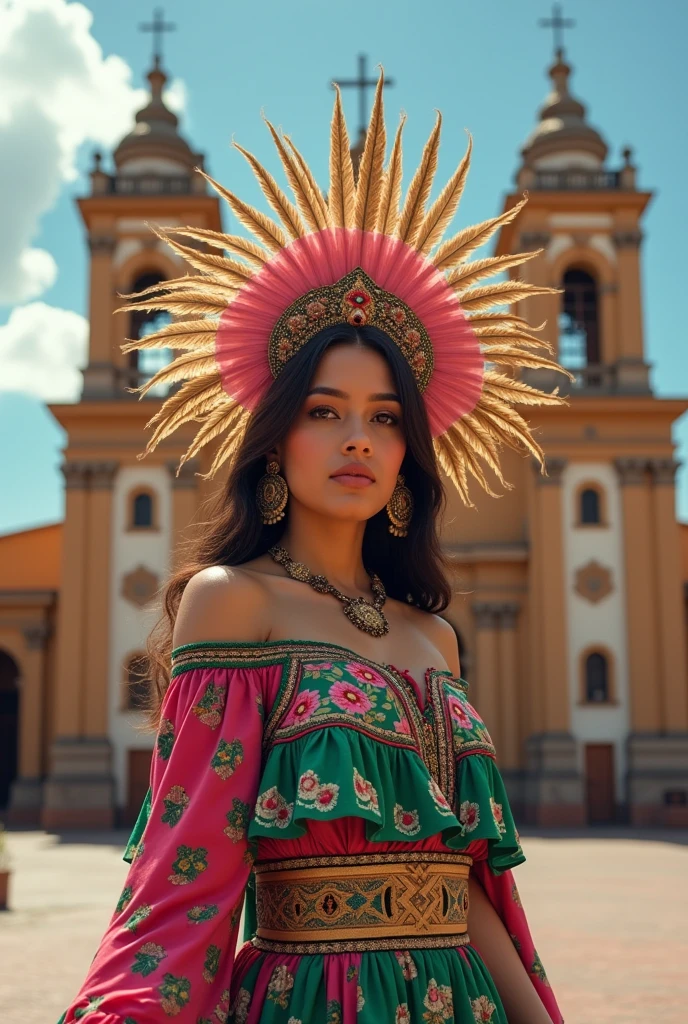White woman with dress with painted images typical of Acatlan de Juarez Jalisco in Mexican pink and green headdress with gold feathers Church of Acatlan de Juarez 
