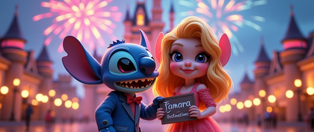 Stitch and his girlfriend Angel together wearing a stylish outfit and a sign that says Tamara Destinations. In the background the magical Disney castle, with lots of bright colors and fireworks.