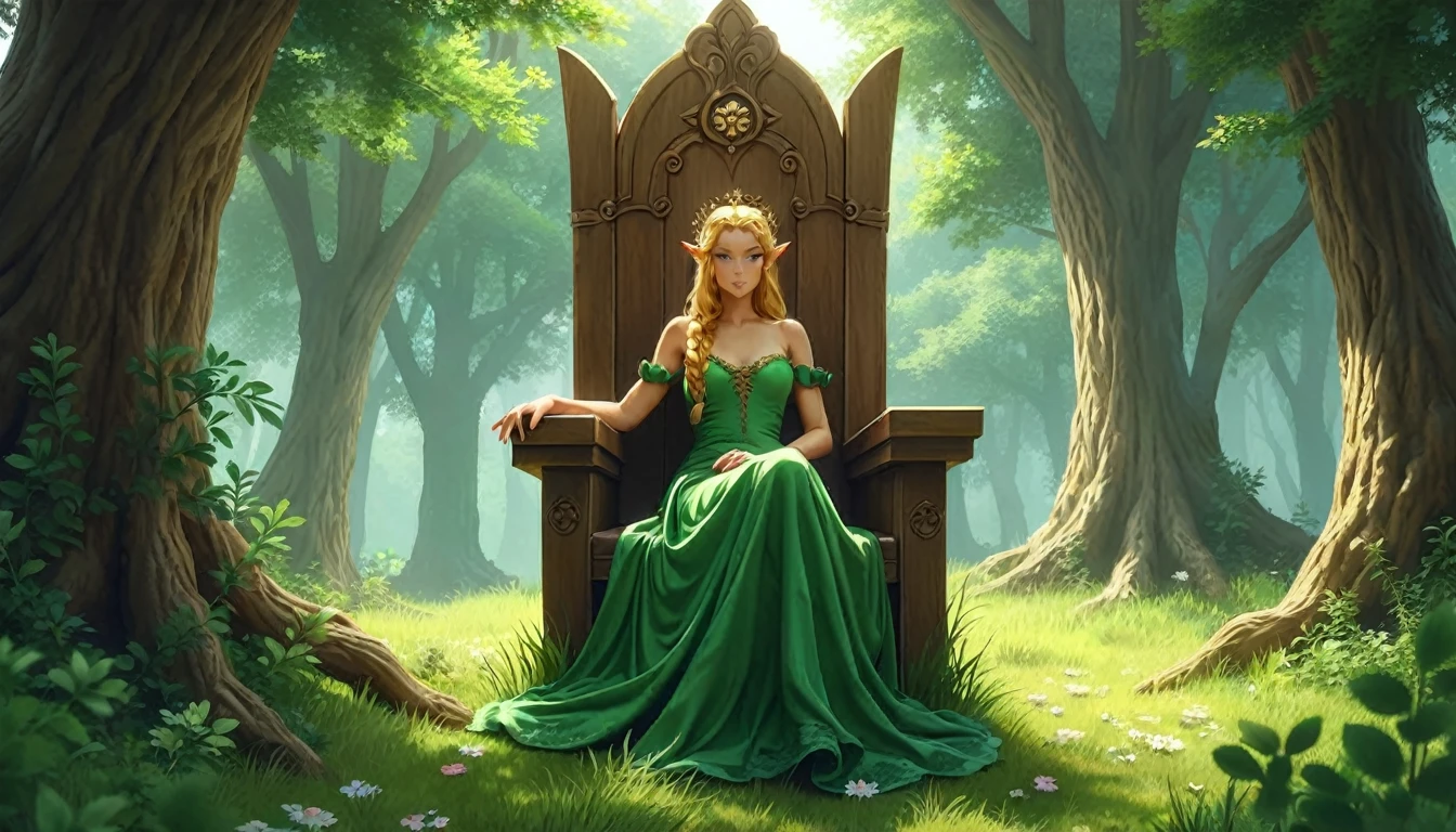 anime aestetics, anime scenery, green forest, throne made of wood, elf woman sitting on the throne, beautiful slim face, elven ears, long blonde hair, braid haircut, beautiful bright green dress, wearing golden tiara, bright day, landscape scenery, oak trees and pine trees on the background, wide shot, view from left, atmospheric perspective,4k, best quality, super detailed, (masterpiece: 1.5), 16k
