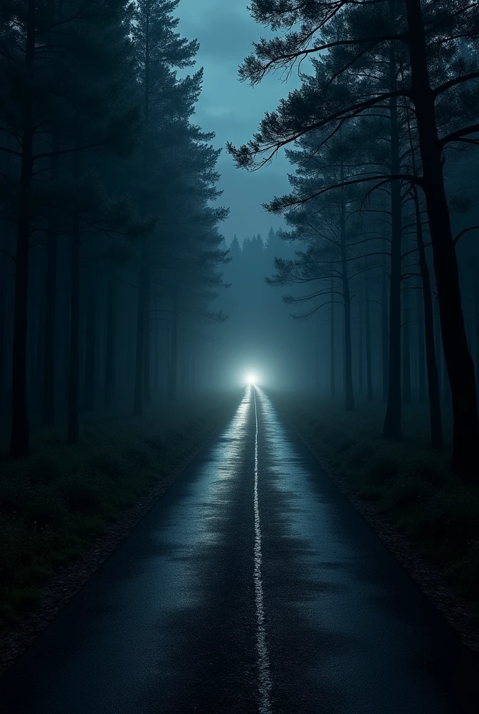 (best qualityer,4K,8k,high resolution,work of art:1.2),ultra detali,(realisitic,photorealisitic,photo-realisitic:1.37) light at the end of a road in the forest at dark night scary