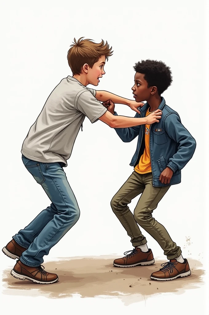 In the form of a drawing and comic, create an image of a white boy bullying a black boy. 