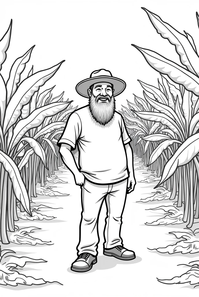Create an easy to draw or trace black and white drawing, about a happy-looking man with a beard and hat , checking his banana plantation , Make the plants have bananas hanging down