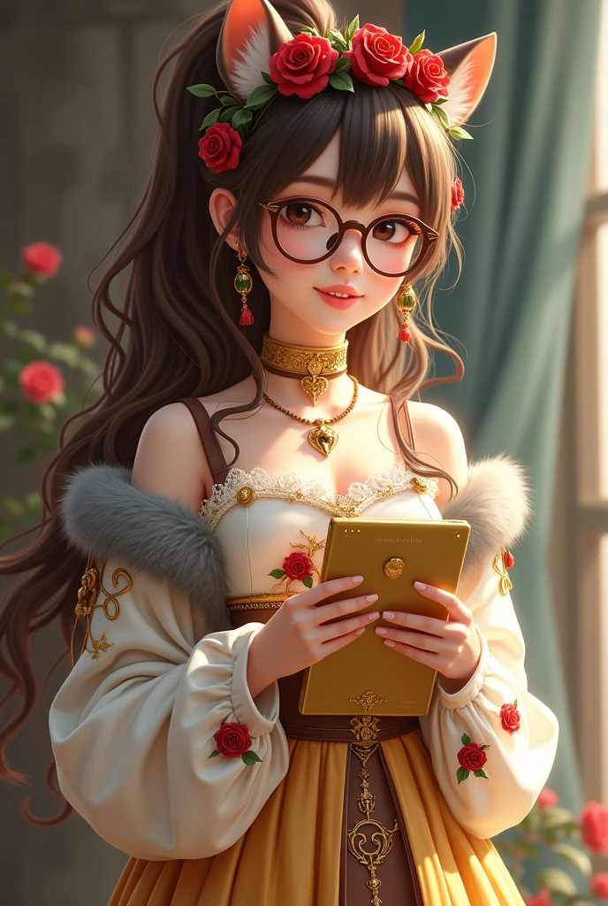 Imagem da filha da Ramona Badwof e da Rosabella Beauty de Ever After High: Must have a long wavy brown ponytail with bangs with red highlights in the hair, first of all, light brown eyes, brown glasses with a red rose, long white blouse with red roses and green leaves on the blouse and sleeves, golden skirt with golden roses, a faux fur collar around the neck of gray color, brown high heel boots with roses, golden flower tiara on head, wolf earrings, wolf necklace and a yellow tablet with red roses in her hands She should have red highlights in her hair