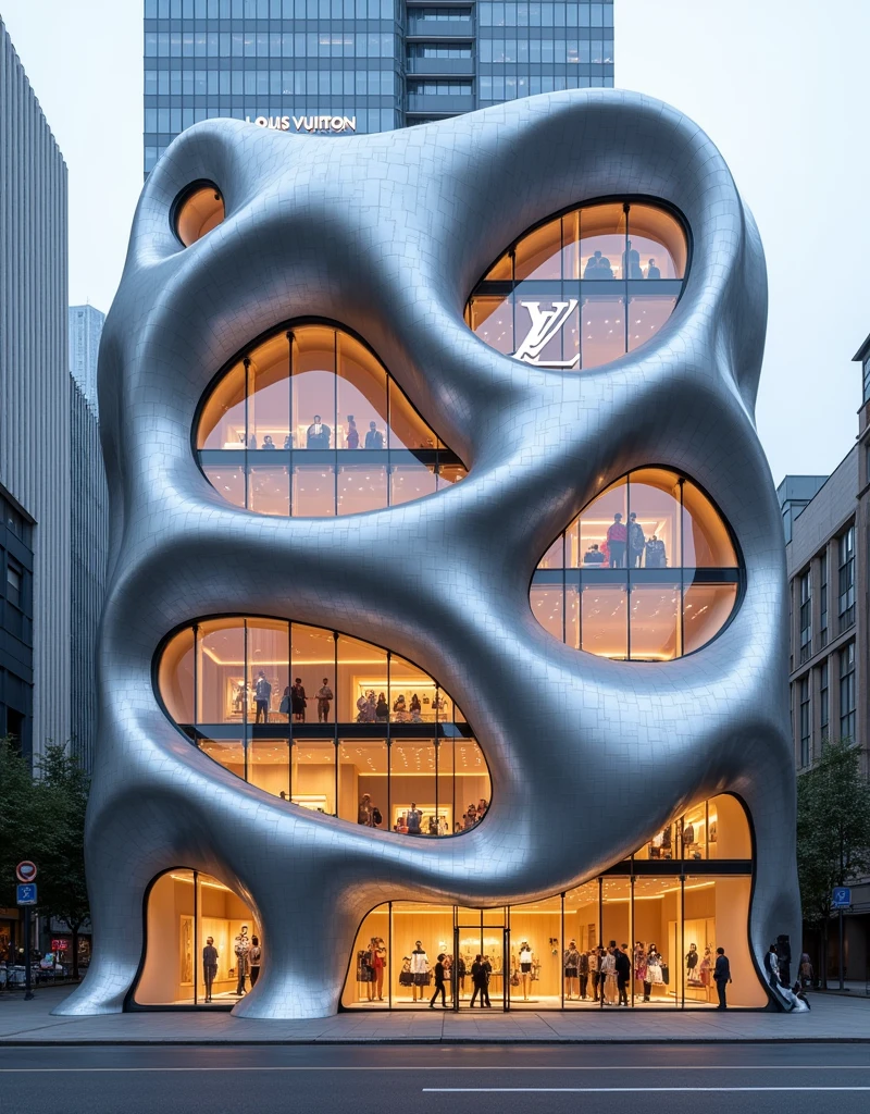 Image showcases a modern, multi-story Louis Vuitton store with a striking and artistic facade. The exterior features a dynamic, flowing design resembling large, metallic silver waves or feathers, creating a sense of movement and elegance. The Louis Vuitton logo, in white, is prominently displayed on the upper left side of the facade. The store's large glass windows reveal a well-lit, luxurious interior with high-end displays and merchandise. The overall architectural style is contemporary and avant-garde, blending artistic elements with commercial functionality.