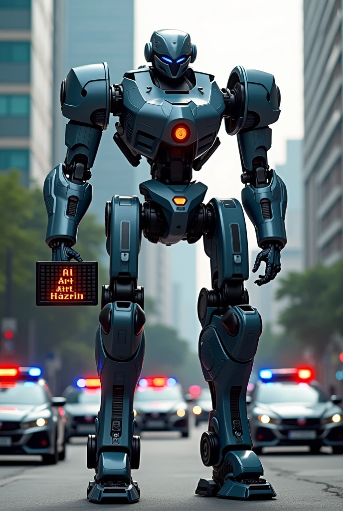 A photography of malaysia police mech robot was performing his duty on Kuala Lumpur city centre. He stand beside police cars with holding mini board say "AI ART HAZRIN"