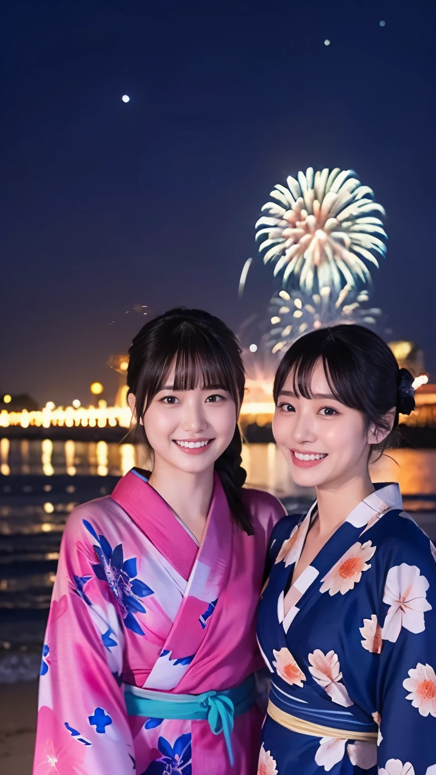 Japanese、Age 25、younger sister、Randomly generated people with diverse facial features and hairstyles々々、Perfect Anatomy,Ocean、Beach、firework、Night Sky、打ち上げfirework、yukata、Great smile