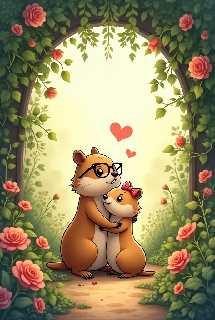 “Create a cartoon illustration of a pair of prairie dogs standing together under a flowery archway. The male prairie dog is taller and wears glasses. He has one arm around the female prairie dog, who is slightly smaller and wears a bow. The background features lush greenery and a pathway leading through a garden. The overall mood of the image is romantic and serene.”