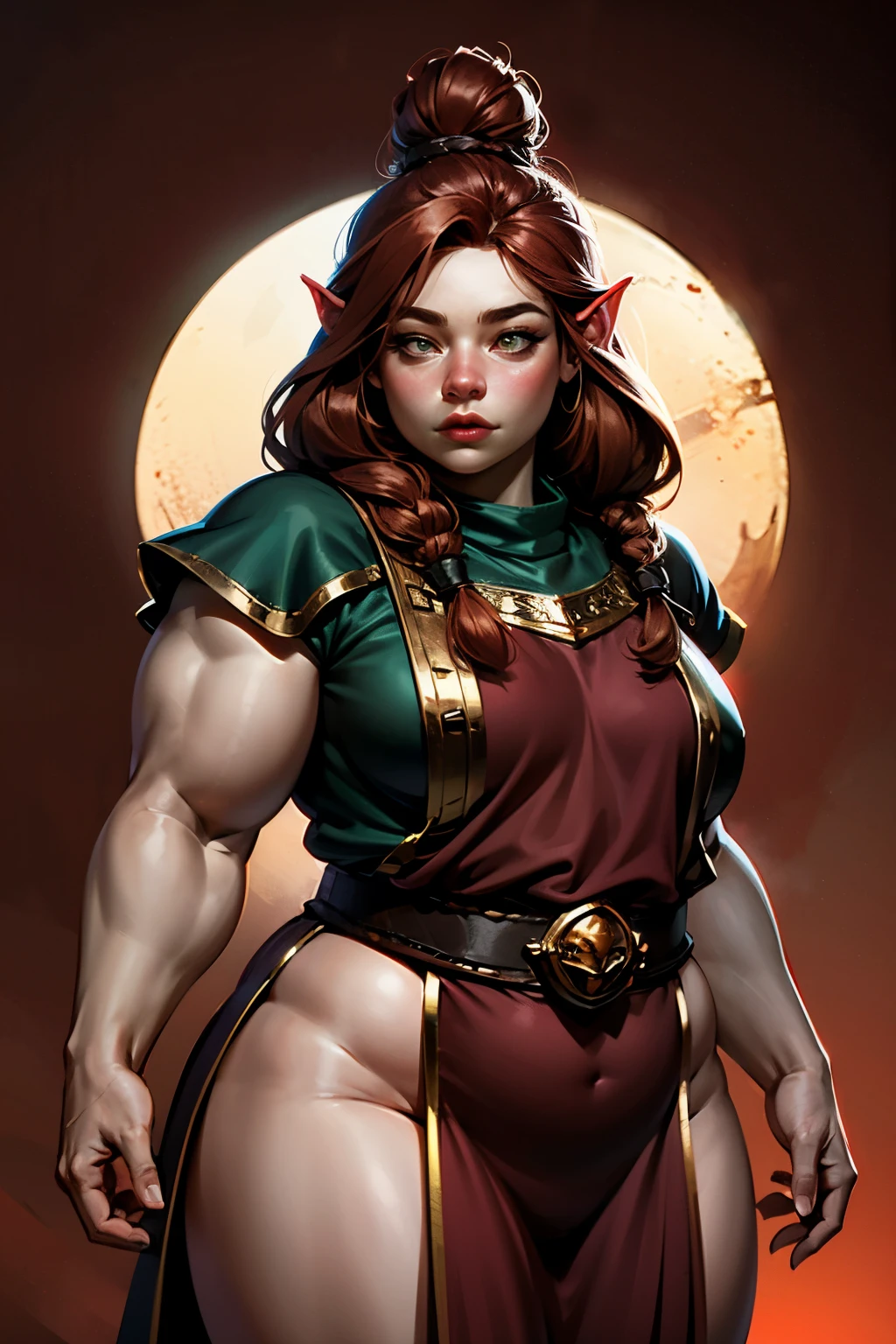 beautiful ginger ((dwarven woman)) in her 30s, with green eyes and striking features, exuding maturity and allure in a seductive pose.(dark-red background),(dwarf) female ,((curvy)), ((thick)), chubby , (((short hight))) , ( small),i, beauty, ginger braided hair, thicc,mature female, plump, 1.5M, short, small size,