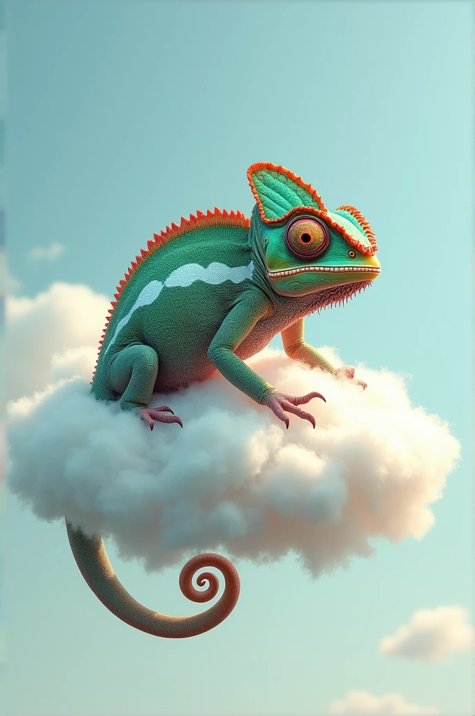 A chameleon sitting on a cloud