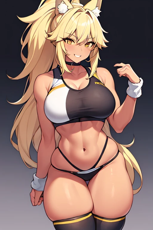1girl, wolf ears, wolf tail, blonde hair, tan, tan skin, large breasts, thick thighs, yellow eyes, ponytail, sportswear, thighhighs, toned, hourglass figure, mature female, smile, sports bra, highleg,