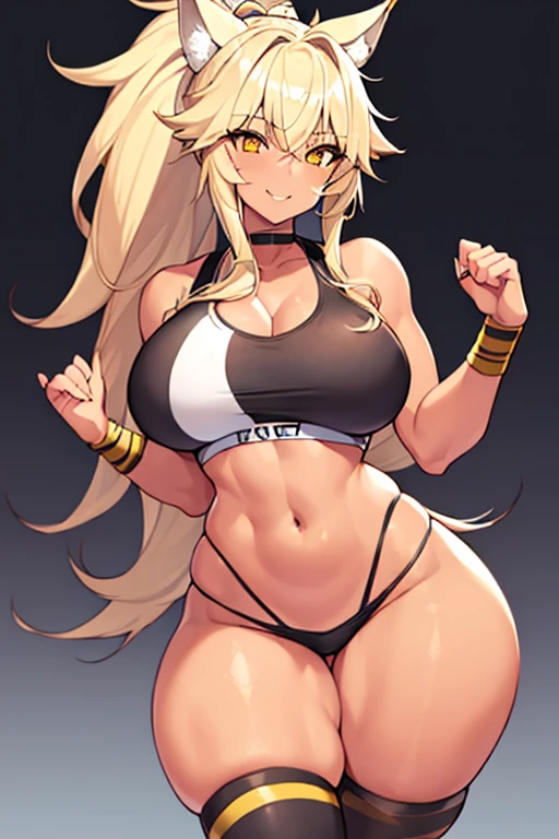 1girl, wolf ears, wolf tail, blonde hair, tan, tan skin, large breasts, thick thighs, yellow eyes, ponytail, sportswear, thighhighs, toned, hourglass figure, mature female, smile, sports bra, highleg,