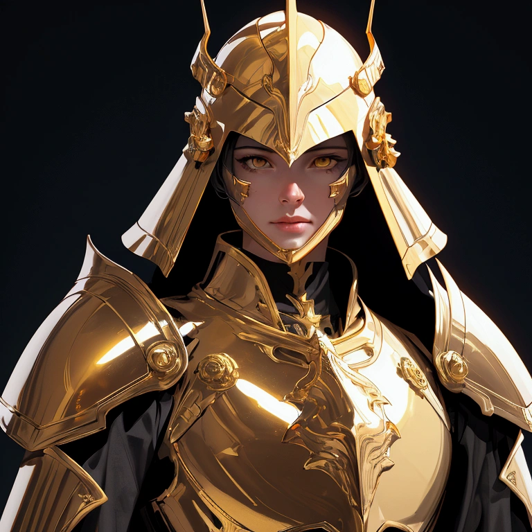 envision a 8k, highres, realistic, cinematic, dynamic, close up portrait of a faceless golden knight clad in great armor with a grand helmet with bright white eyes with a large body in a dark fantasy style against a dark gray background