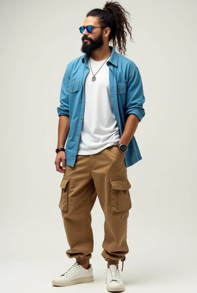Average height ma n...wearing medium baggie light brown cargo pants and white sneakers....white t shirt and sky blue shirt above t shirt.....analog watchon left with brown leather band....long curly hair tied in samurai style and with aviator sunglasses with blue tint one face..... Balbo mustache and beard but not on the cheeks