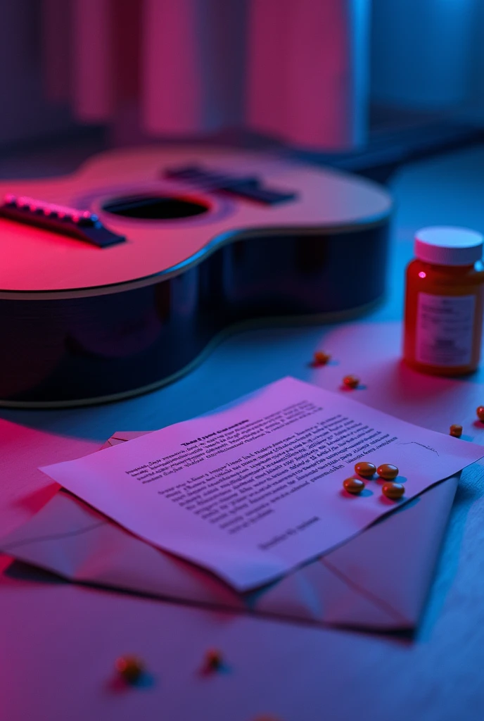 An envelope with a letter on the white floor along with a guitar and orange pills lying on the side with purple neon lighting
