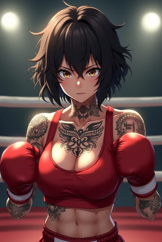 female anime character with short curly hair 3C curl, dark brown eyes and tattoo in the middle of the neck, and another with a phrase on the collarbone in graffiti writing, and also other small tattoos on the arms, female boxer doing guard in red competition outfit