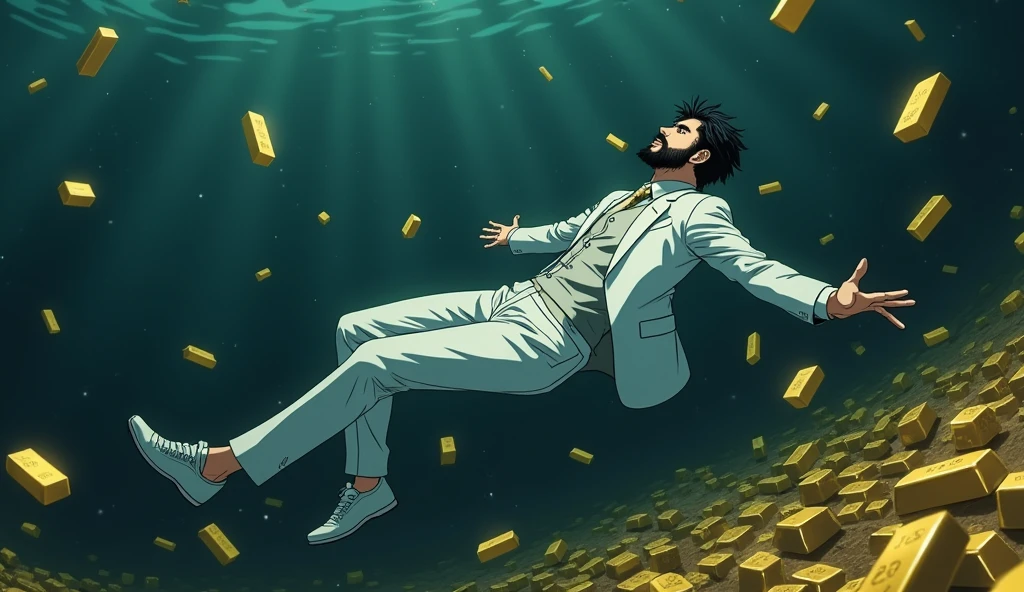 Create a anime style landscape image. an dramatic anime style under the water image showing a surreal and dramatic scene of a male person in a white suit, white shoes, and sinking into deep, The man has dark medium hair, thik medium beard and light skin, dark waters, surrounded by floating gold bars. "The figure appears to be floating helplessly, as if falling through the water, with their arms means hands and legs extended and head tilted back". and "his body is oriented horizontally with his back facing the viewer". The gold bars around the person seem to be floating and tumbling through the water, giving the impression of wealth lost in the chaos. The mood should be somber and intense, highlighting themes of loss, wealth, and the overwhelming force of destruction. Camera view back side long shoot. 4k, ultra high quality, UHD, ULTRA HD.