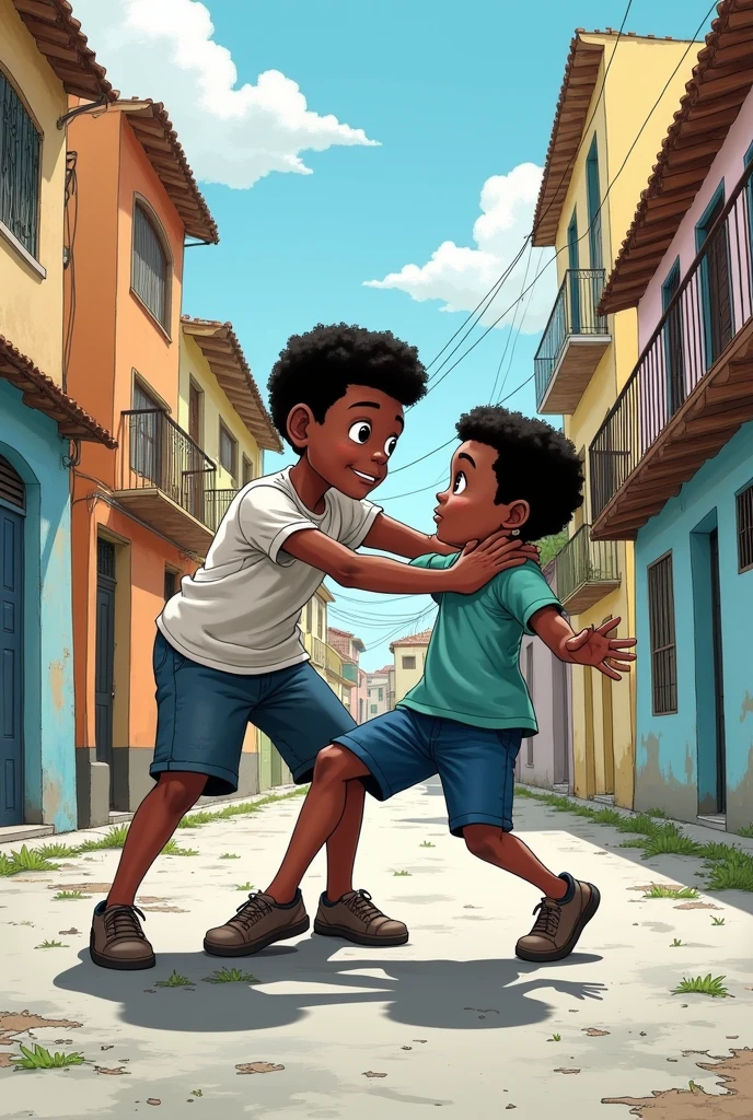 In the form of a drawing and comic, create an image of a white boy bullying a black boy on the streets of Brazil.