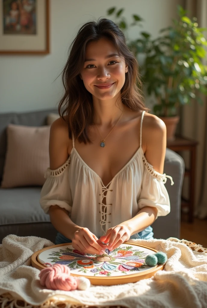 Table 1: Introduction Text: "On a quiet summer afternoon, Clara decides to learn the art of hand embroidery..."
Image: Clara sitting in her living room, surrounded by threads and fabrics, with a smile of excitement.