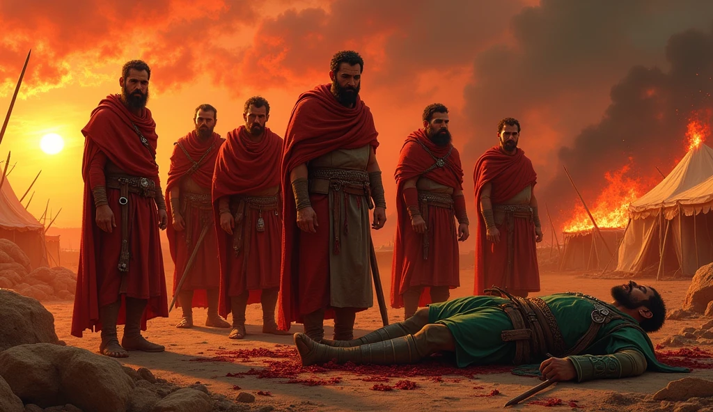 Sun set,
 bloody sky,
 burning tents,
 burning date trees,
 7 men which wear ancient war clothes in red colour who stand outside the tents,
 a bloody ground,
A green men wear war clothes in green colour,  he was martyred,
His head separated from his body,
All thing are ancient only,
His hands,his arms, his leg, his stomach are full of arrows