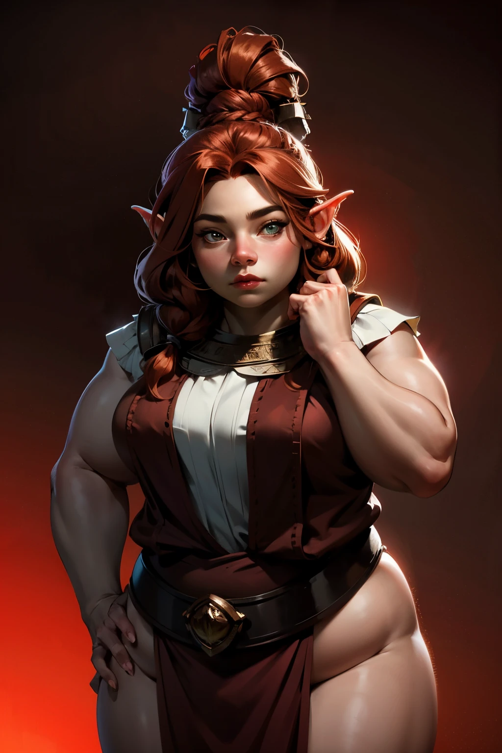 beautiful ginger ((dwarven woman)) in her 30s, with green eyes and striking features, exuding maturity and allure in a seductive pose.(dark-red background),(dwarf) female ,((curvy)), ((thick)), chubby , (((short hight))) , ( small),i, beauty, ginger braided hair, thicc,mature female, plump, 1.5M, short, small size,