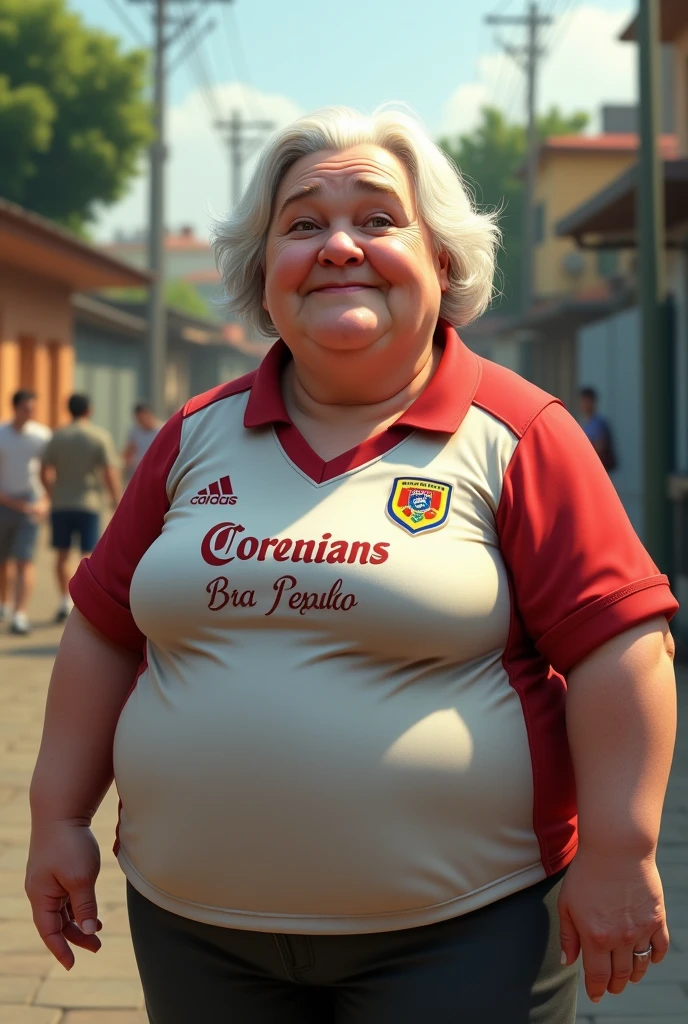 Old fat woman with Corinthians shirt saying "sa do garro" 