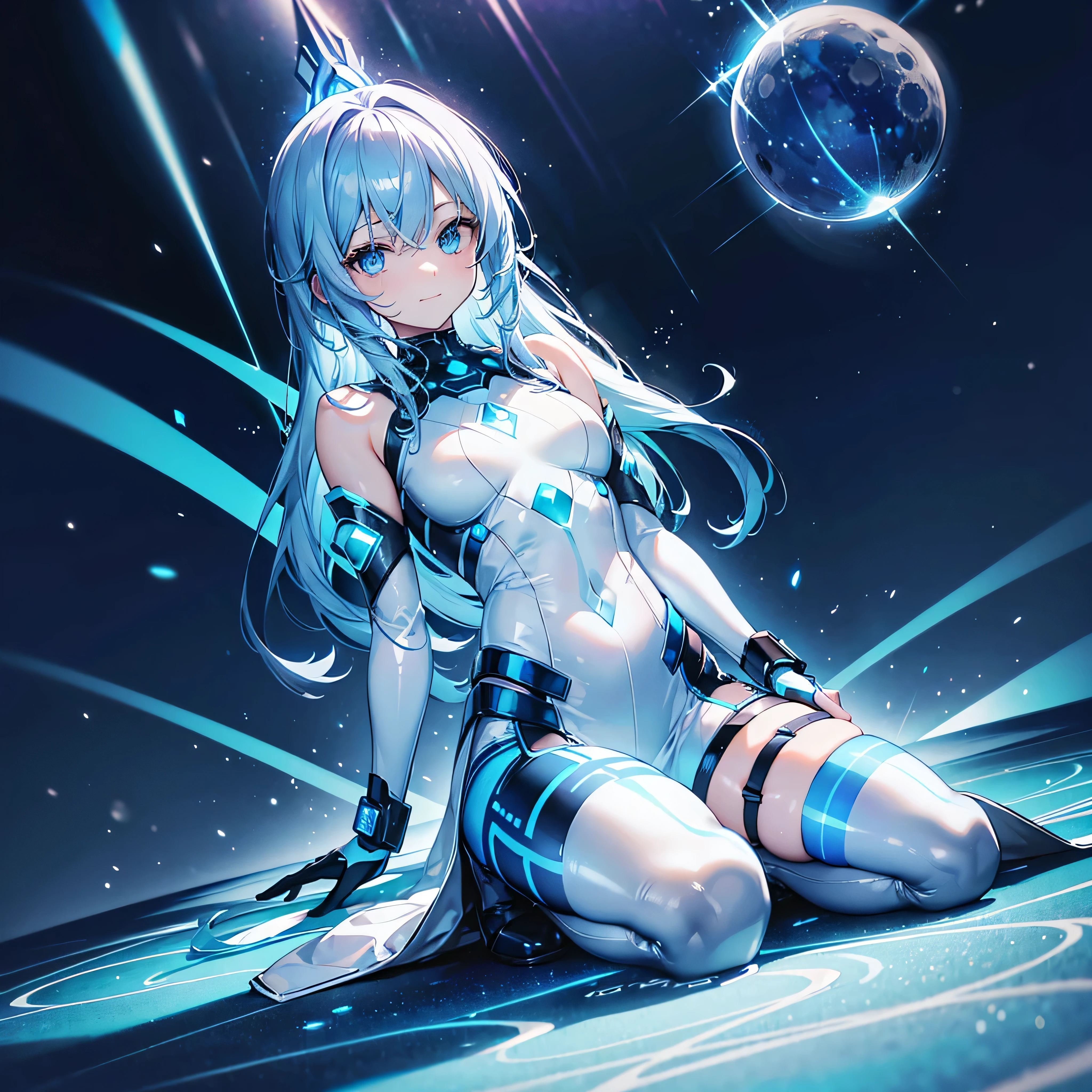 ((Holographic glow effect)),8k, Highest quality, (real:1.4), Original photo, 1 person, Asari Hair, Biological Amplifier, Very sleek and futuristic armor, posture: Peace talks between warring factions,,attention arousal, smart blue eyes,A modest smile,Knee-high boots,Patent-look blue tights,Blue big moon and blue light swirl in the background,Blue light from behind,blue light magic,A small, glowing blue ball in the palm of your hand,Blue flame swirl,Blue Comet,Polished floor,